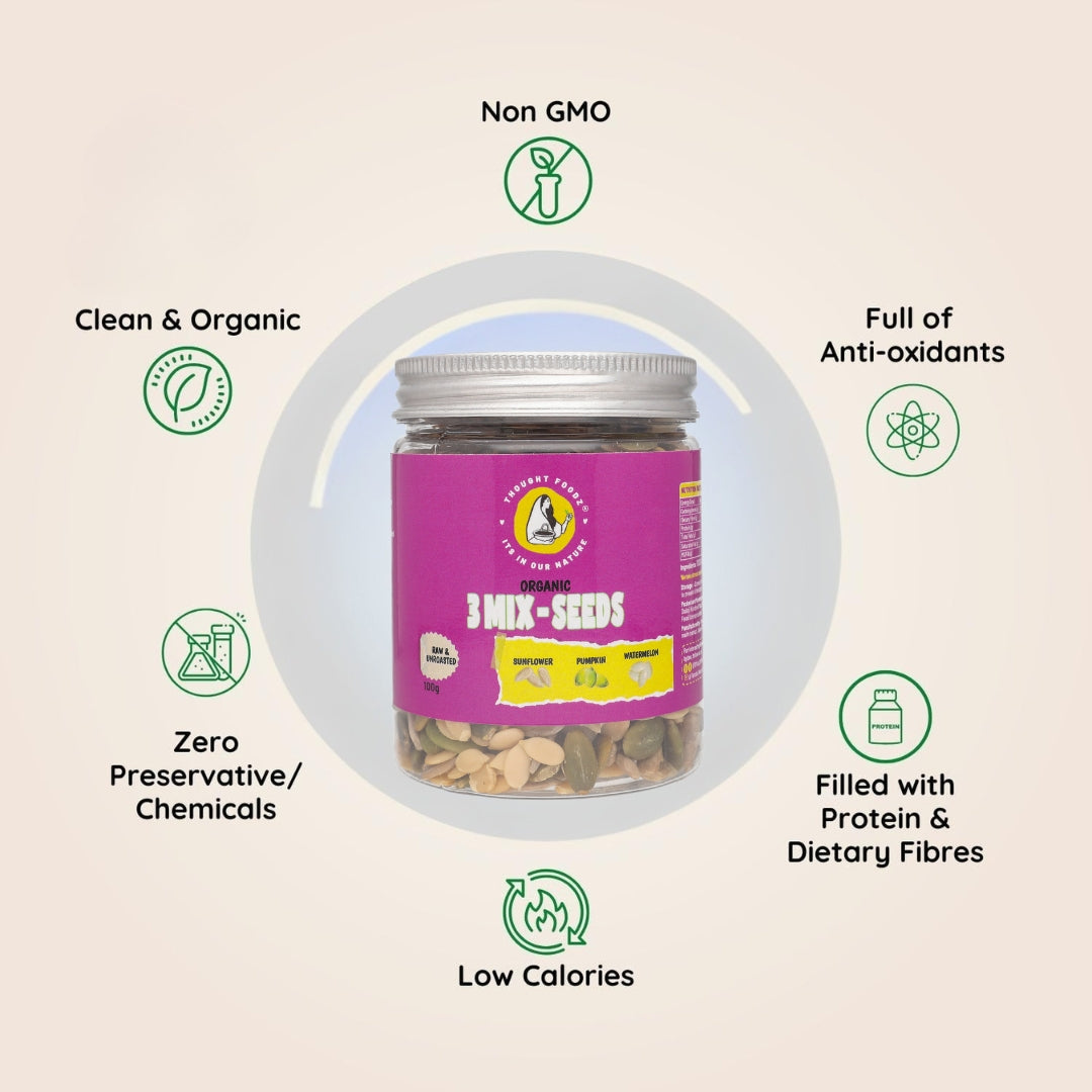 Organic 3 Seeds Mix – Sunflower, Pumpkin & Watermelon Seeds | Protein & Fiber-Rich Superfood for Snacking, Smoothies & Salads