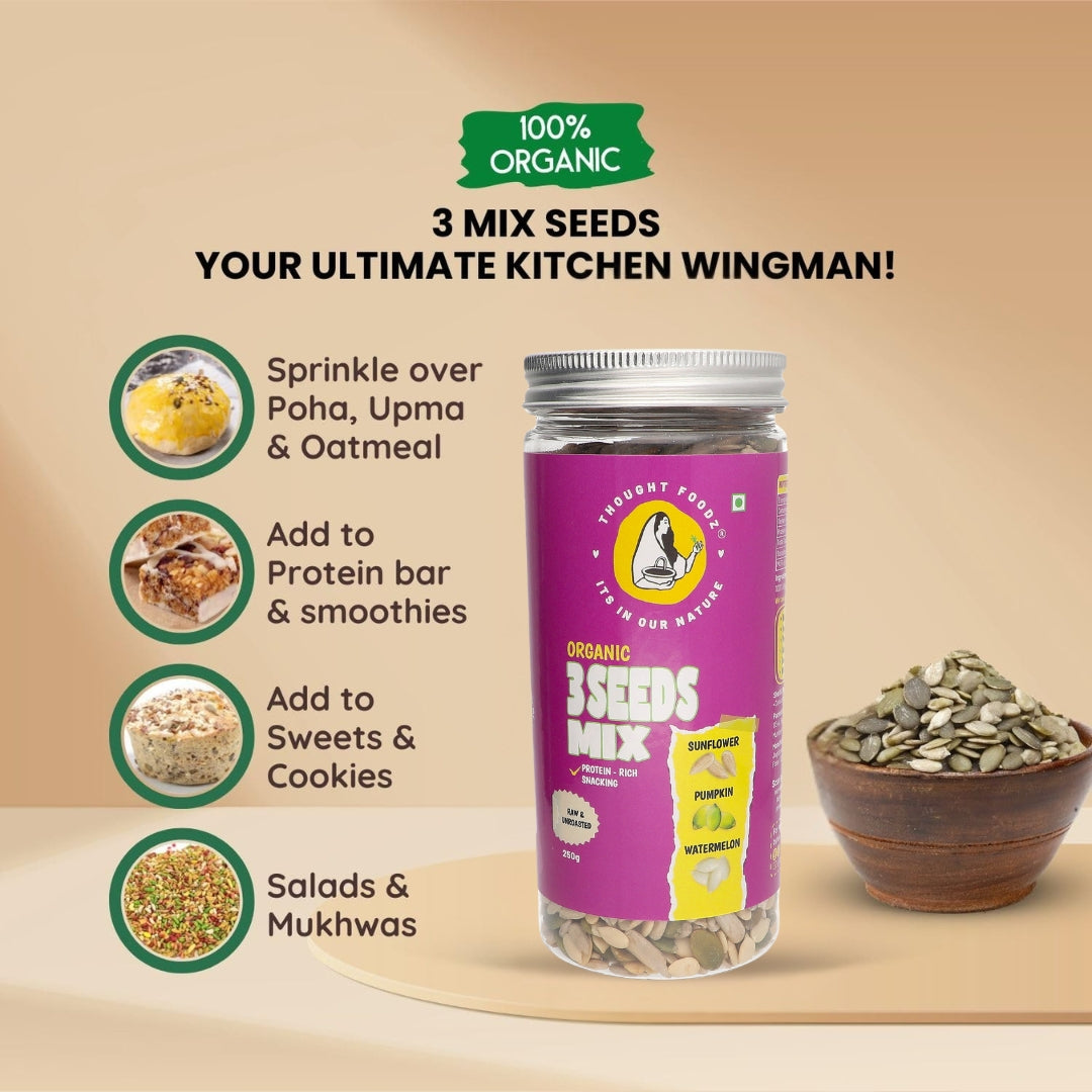 Organic 3 Seeds Mix – Sunflower, Pumpkin & Watermelon Seeds | Protein & Fiber-Rich Superfood for Snacking, Smoothies & Salads