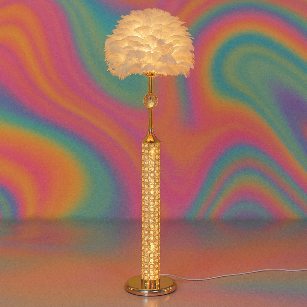 Luxury Gold Feather Floor Lamp – Crystal Column Designer Standing Lamp