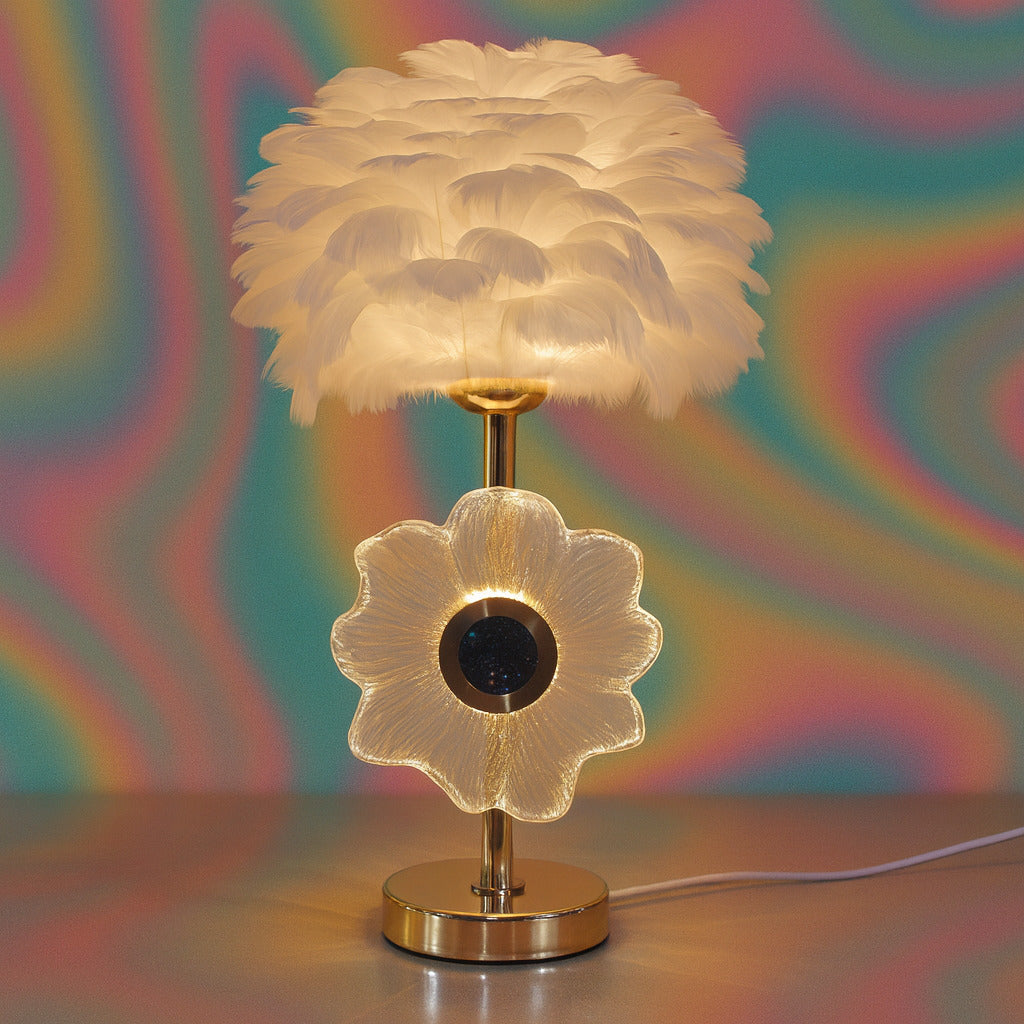 Luxury Feather Table Lamp with Floral Crystal Accent – Gold Designer Bedside Lamp