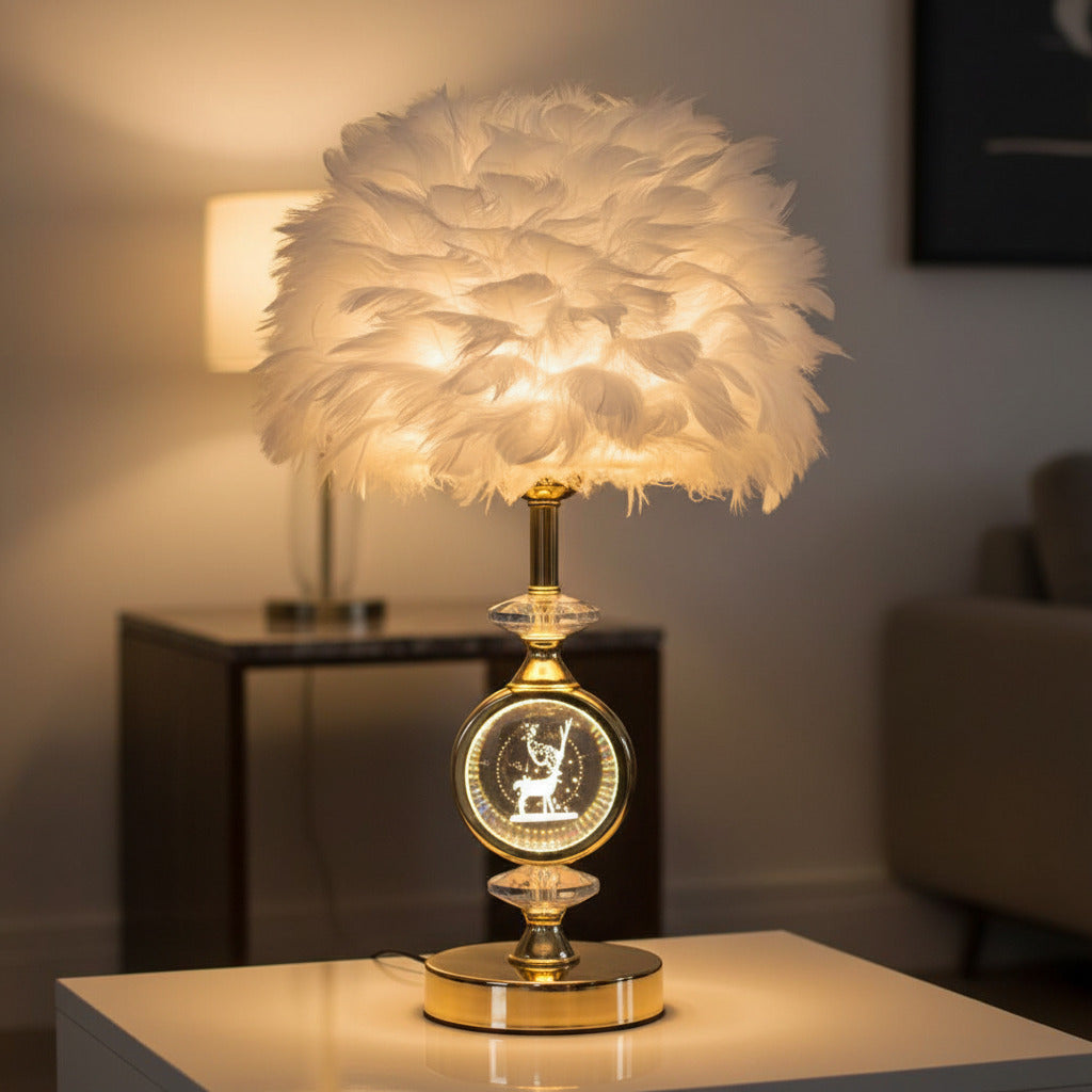 Luxury Feather Table Lamp with LED Deer Crystal Accent – Gold Designer Bedside Light