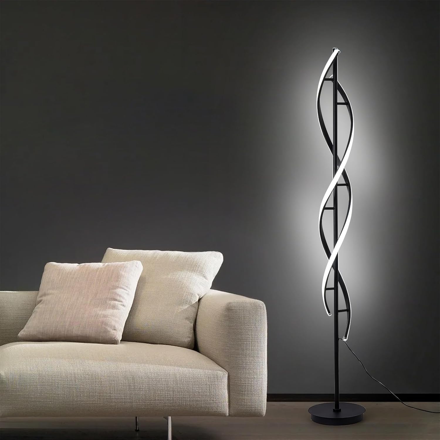 Modern DNA Helix Neon LED Floor Lamp - Twisted Double Spiral Black Metal Standing Light for Living Room
