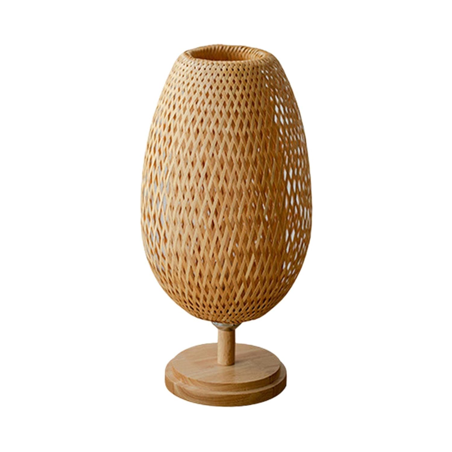 Handwoven Rattan Table Lamp with Wooden Base – Boho Natural Bedside Light