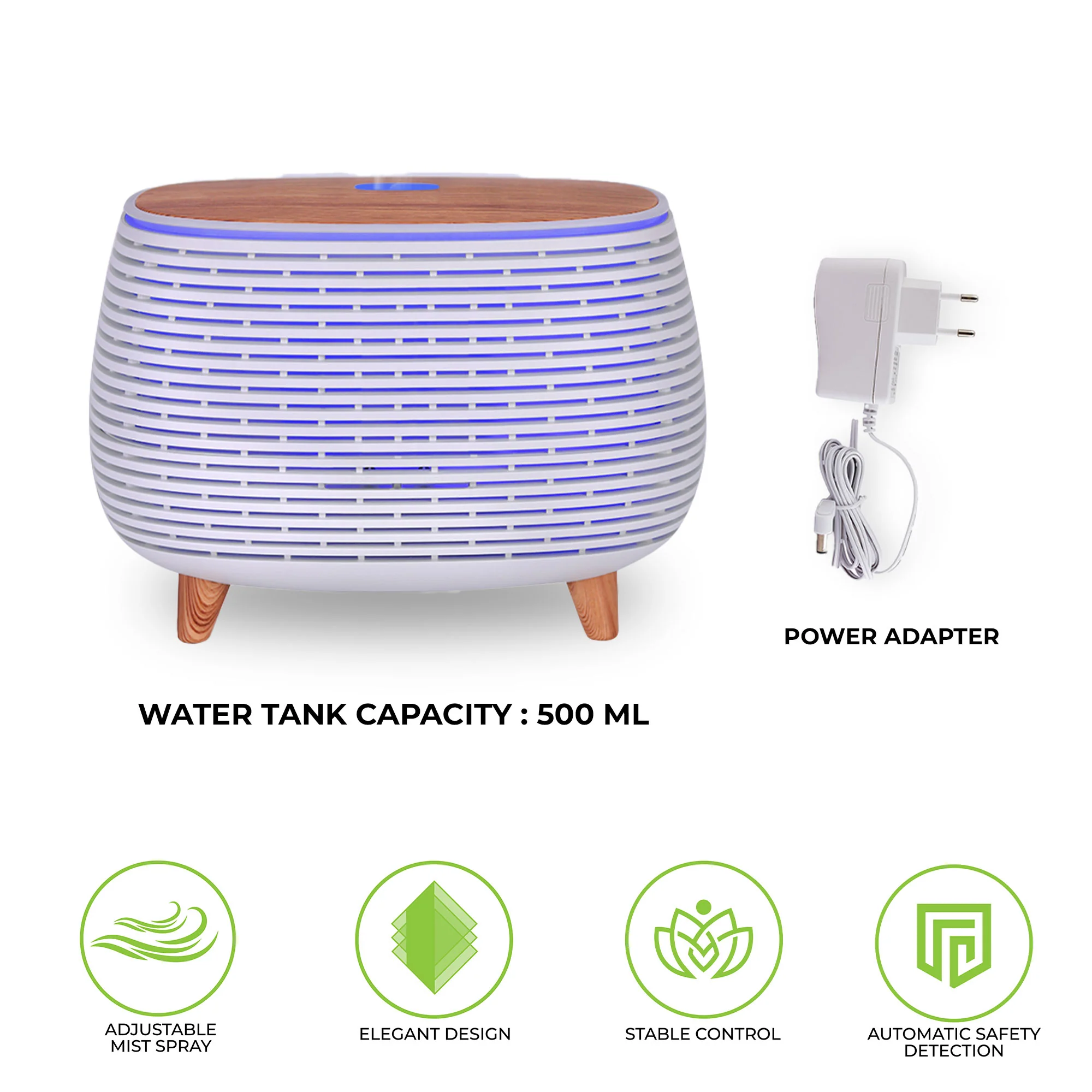 Aromatherapy diffuser with water tank capacity 500 ML, power adapter, and features listed on a white background.