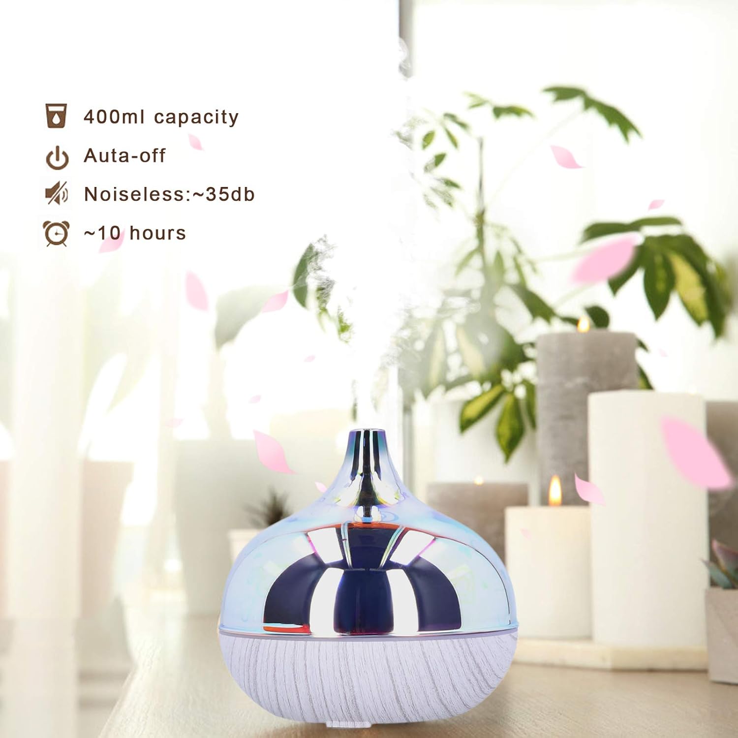 Decorative diffuser with product features on a blurred indoor background