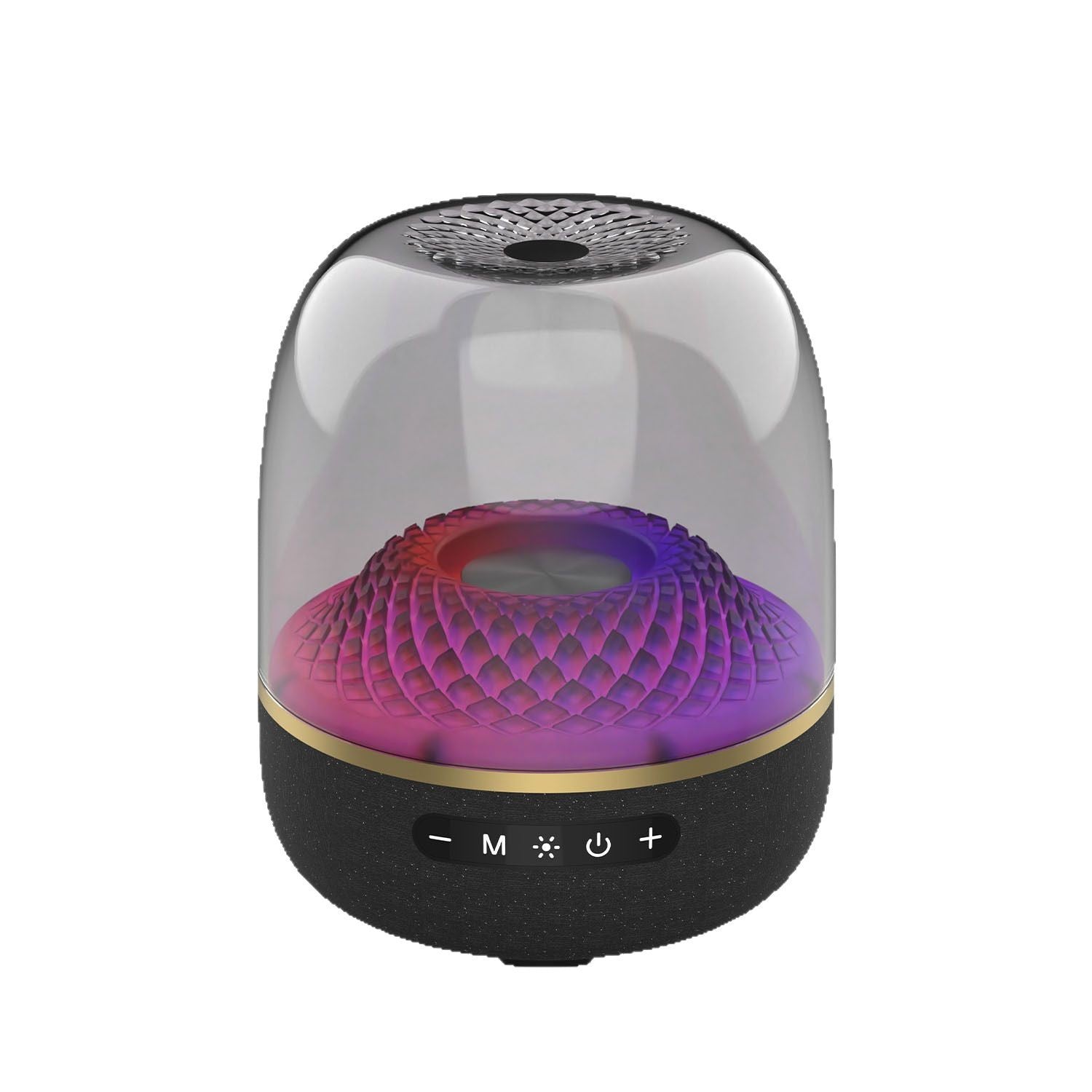 Black and gold electronic device with a colorful interior on a white background