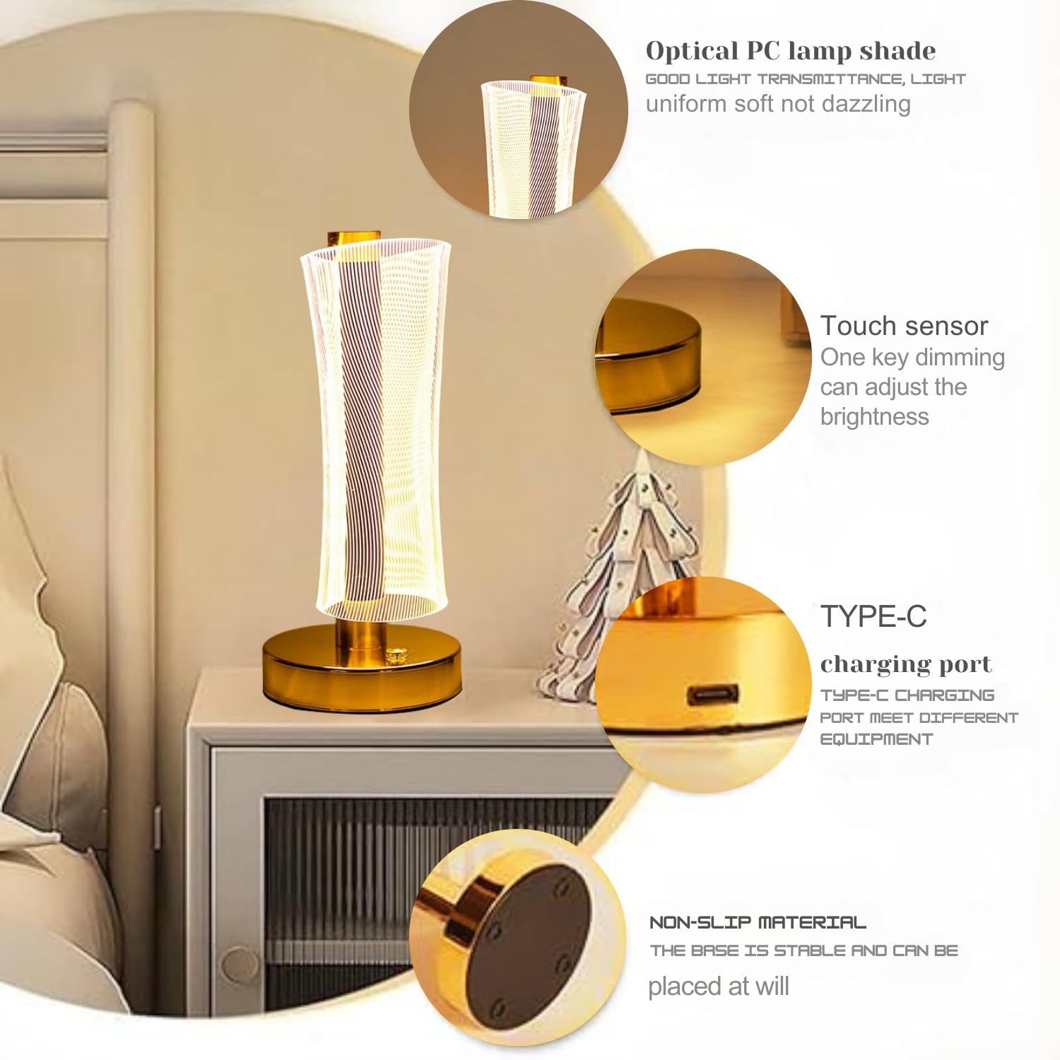 Acrylic LED Night Lamp with Gold Base Touch Control Cordless Table Light (09 inch)