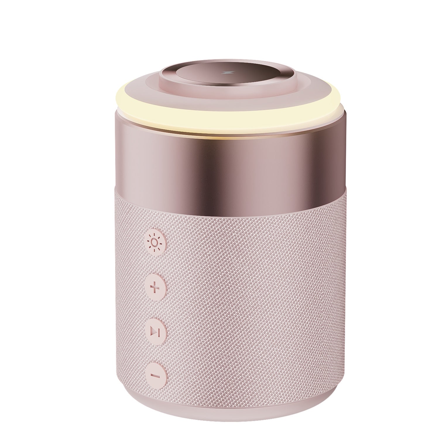 Pink and gold cylindrical device with buttons on a white background