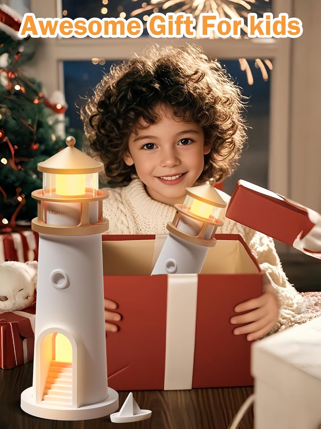 Child opening a gift box with a lighthouse toy inside, surrounded by festive decorations.