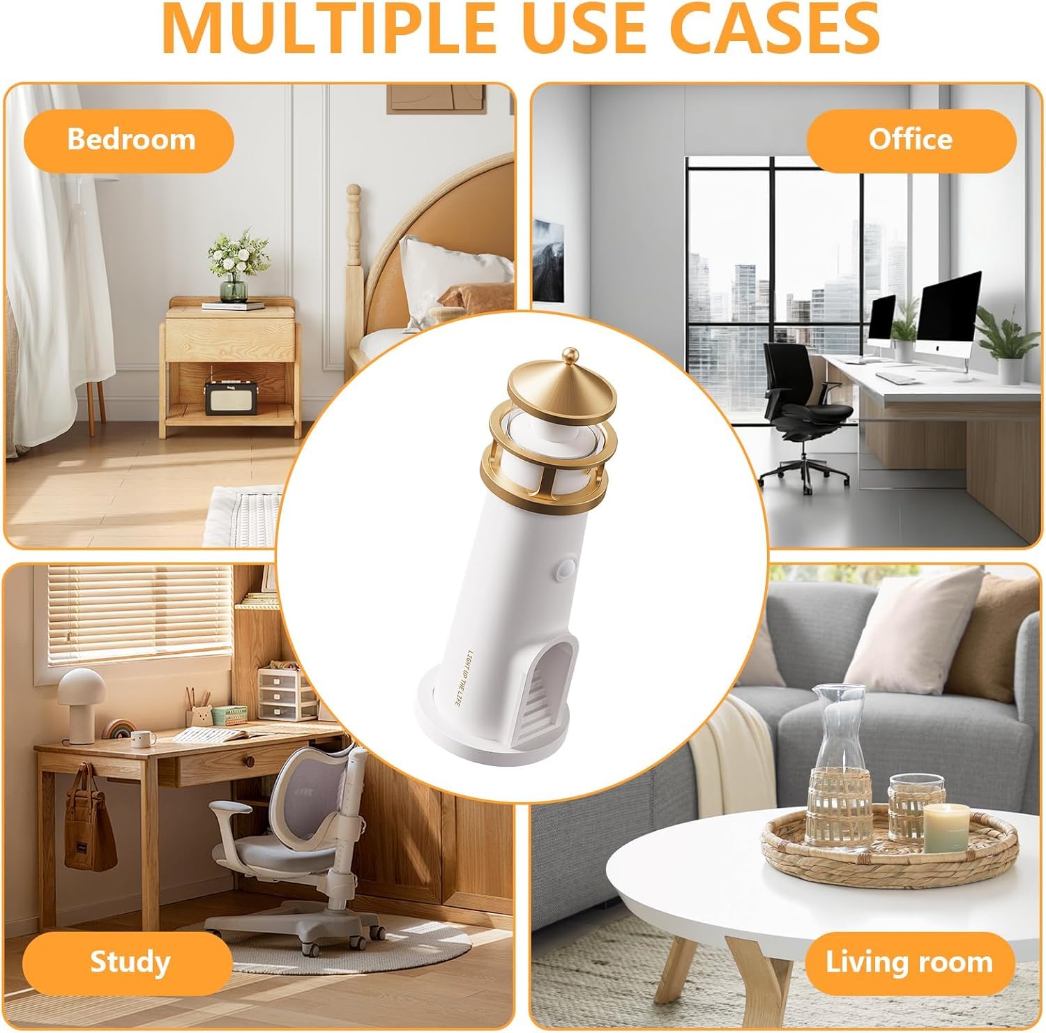 Collage of a white and gold device with bedroom, office, study, and living room use cases.