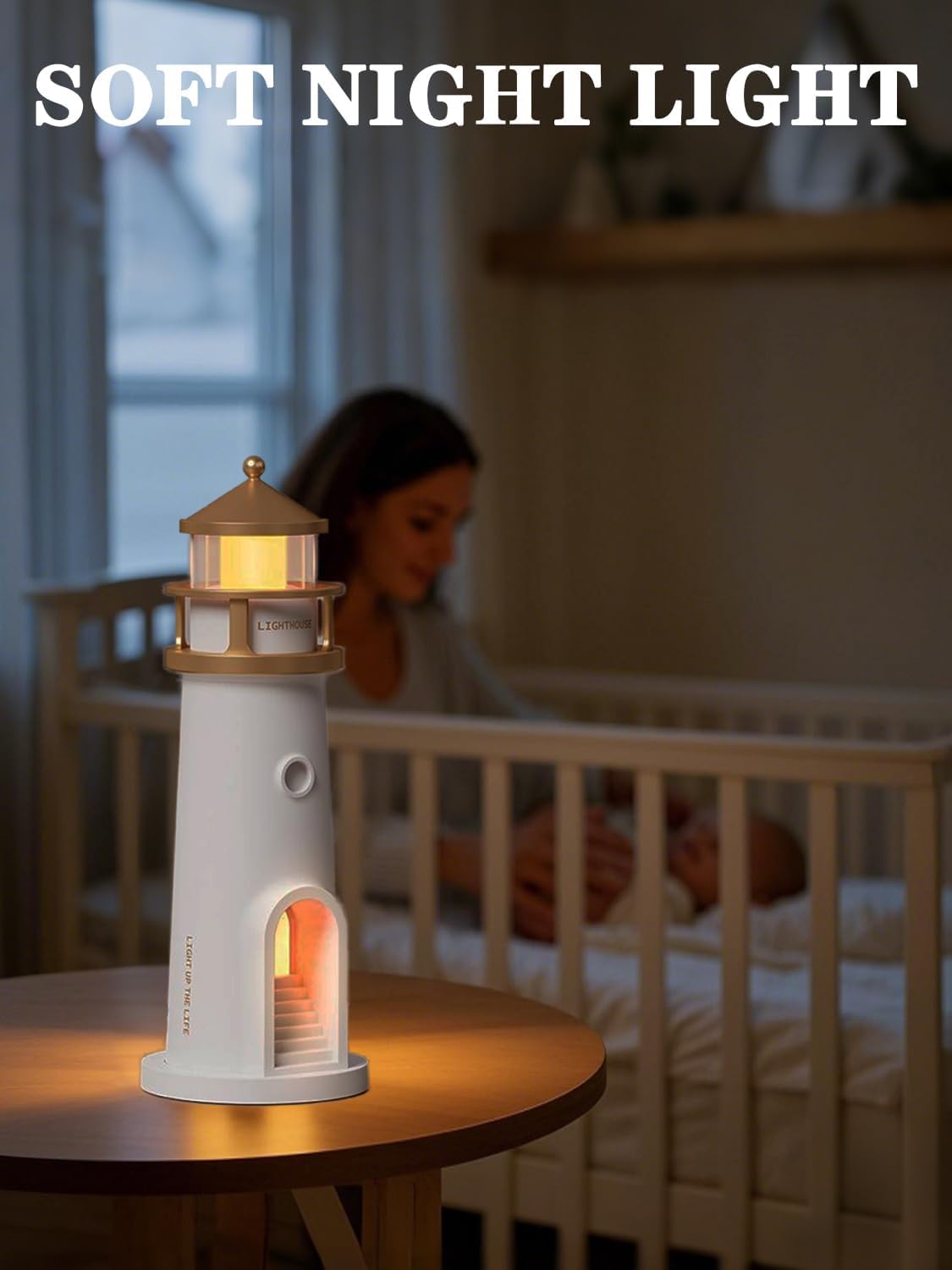 Lighthouse-shaped soft night light on a table with a blurred background of a person in a crib.