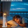 Child lying in bed with a lighthouse-shaped night light and 2400mAh rechargeable battery text.