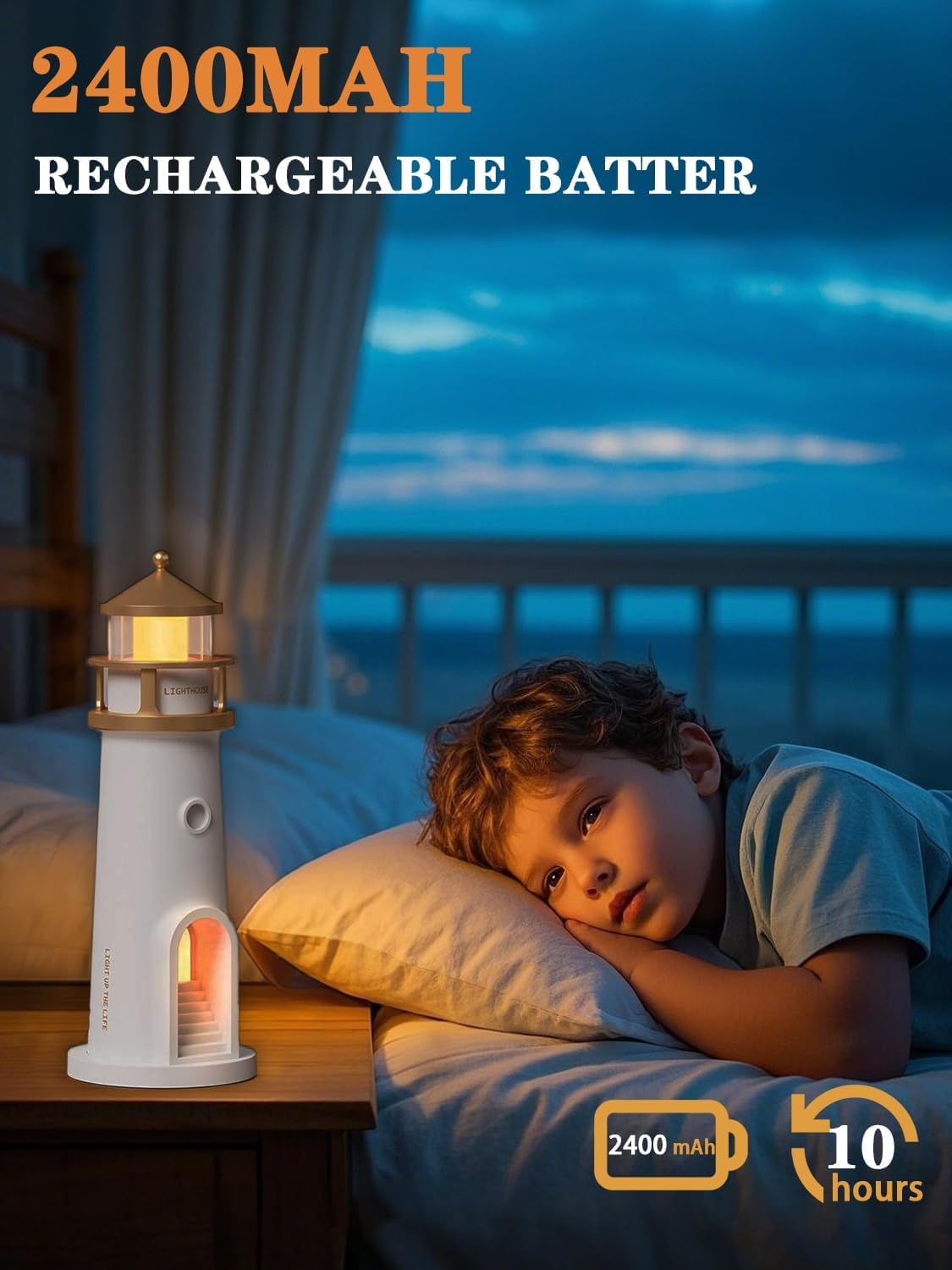 Child lying in bed with a lighthouse-shaped night light and 2400mAh rechargeable battery text.