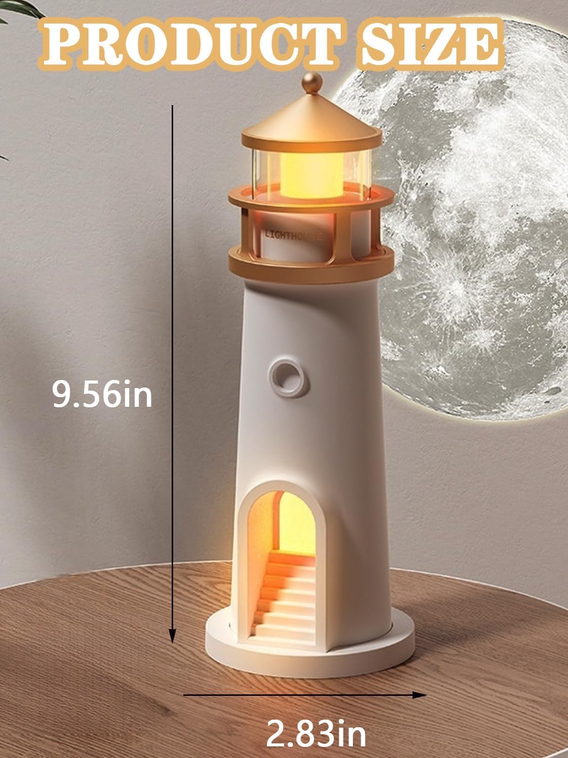 Lighthouse-shaped lamp with measurements and a moon in the background