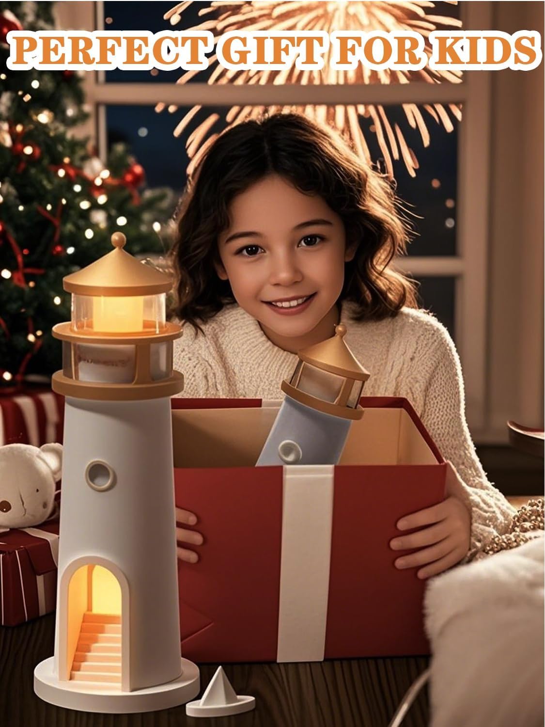 Child with a lighthouse toy and Christmas tree in the background