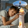 Child sleeping with a lighthouse-shaped night light on a nightstand, accompanied by text about a 2400mAh rechargeable battery.