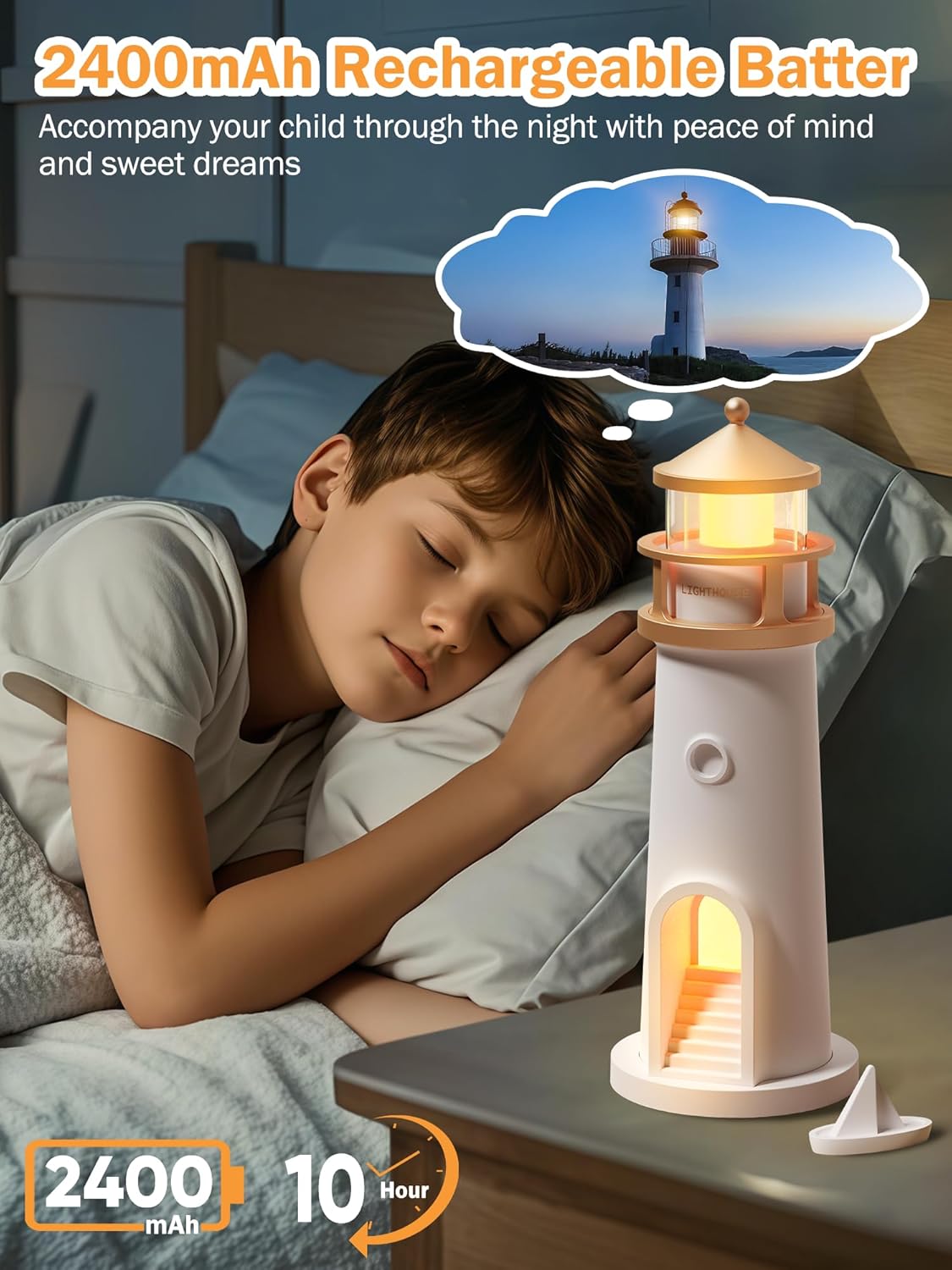 Child sleeping with a lighthouse-shaped night light on a nightstand, accompanied by text about a 2400mAh rechargeable battery.