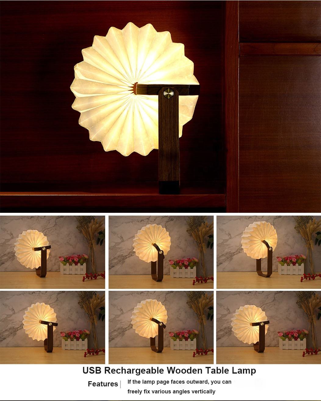 Novelty Folding Book Lamp, Night Light, USB Rechargeable Wooden Table Lamp, Magnetic Design
