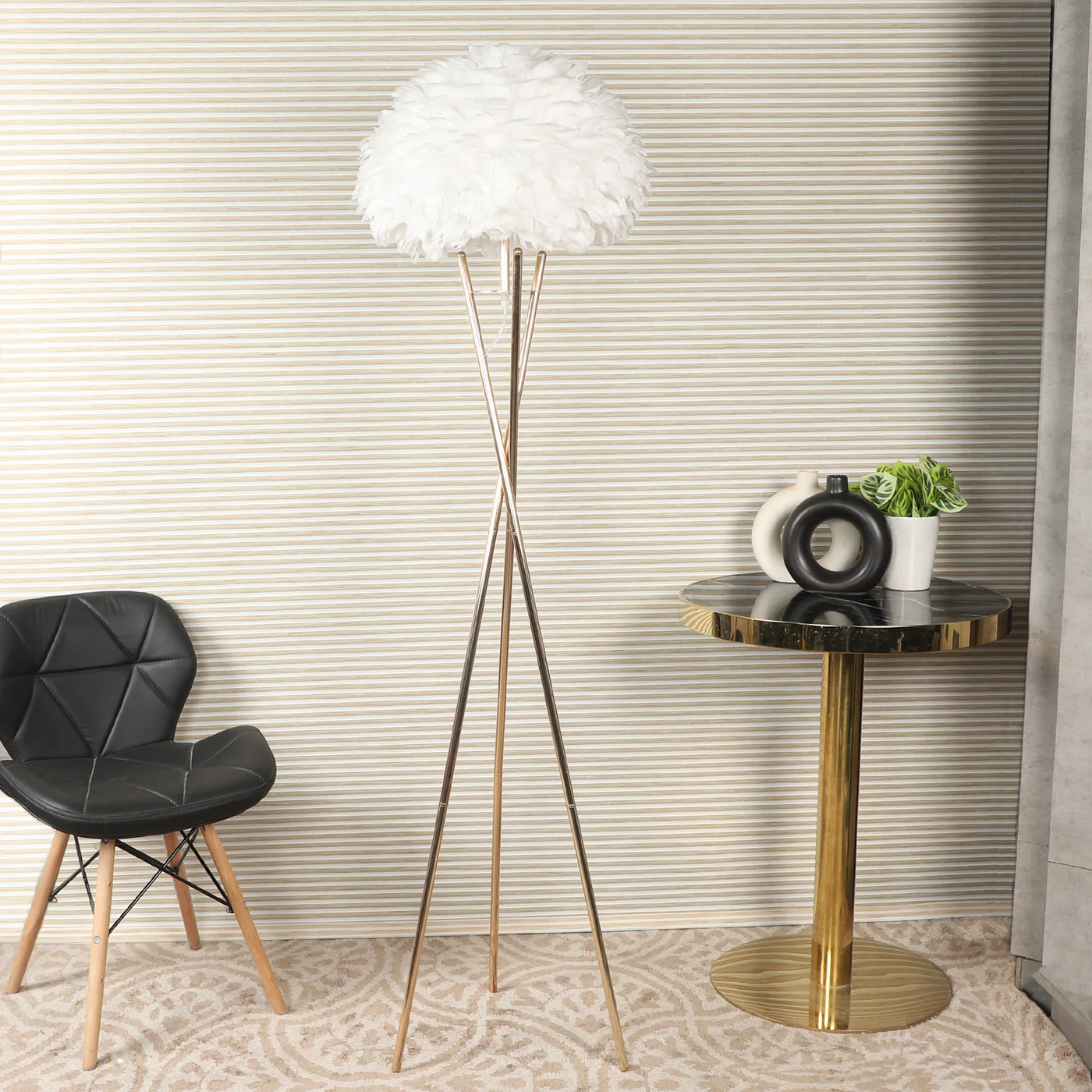 Floor Lamp for Living Room | Gold Stand with White Feather Shade | 3 Color LED