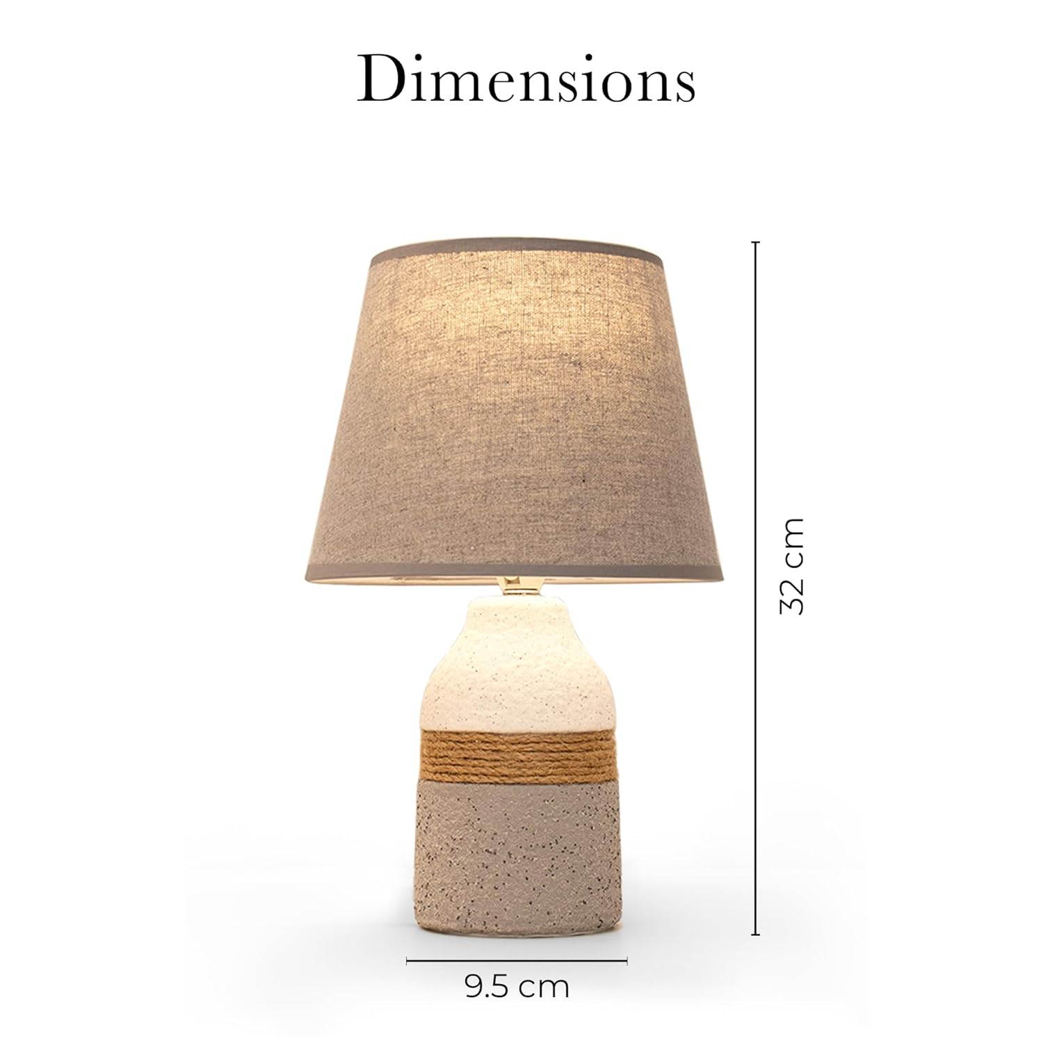 Table lamp with dimensions indicated on a white background