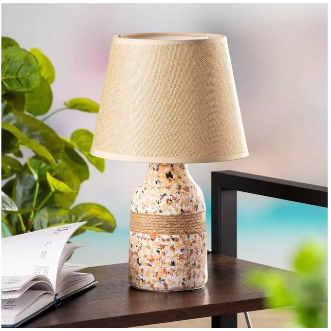 Modern terrazzo table lamp with beige fabric shade, 30 cm height and 9 cm base, decorative bedside lamp for bedroom and living room home décor