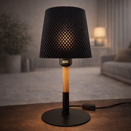 3D Printed Black Table Lamp with Textured Shade – Modern Designer Bedside Lamp