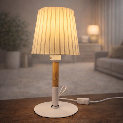 Modern White Table Lamp with 3d Printed Pleated Shade & Wooden Accent – Elegant Bedside Lamp