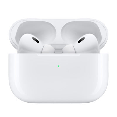 White wireless earbuds in a charging case on a white background