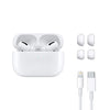 White wireless earbuds with charging case and cable on a white background