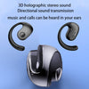 Black and gray wireless earbuds with text on a blue background