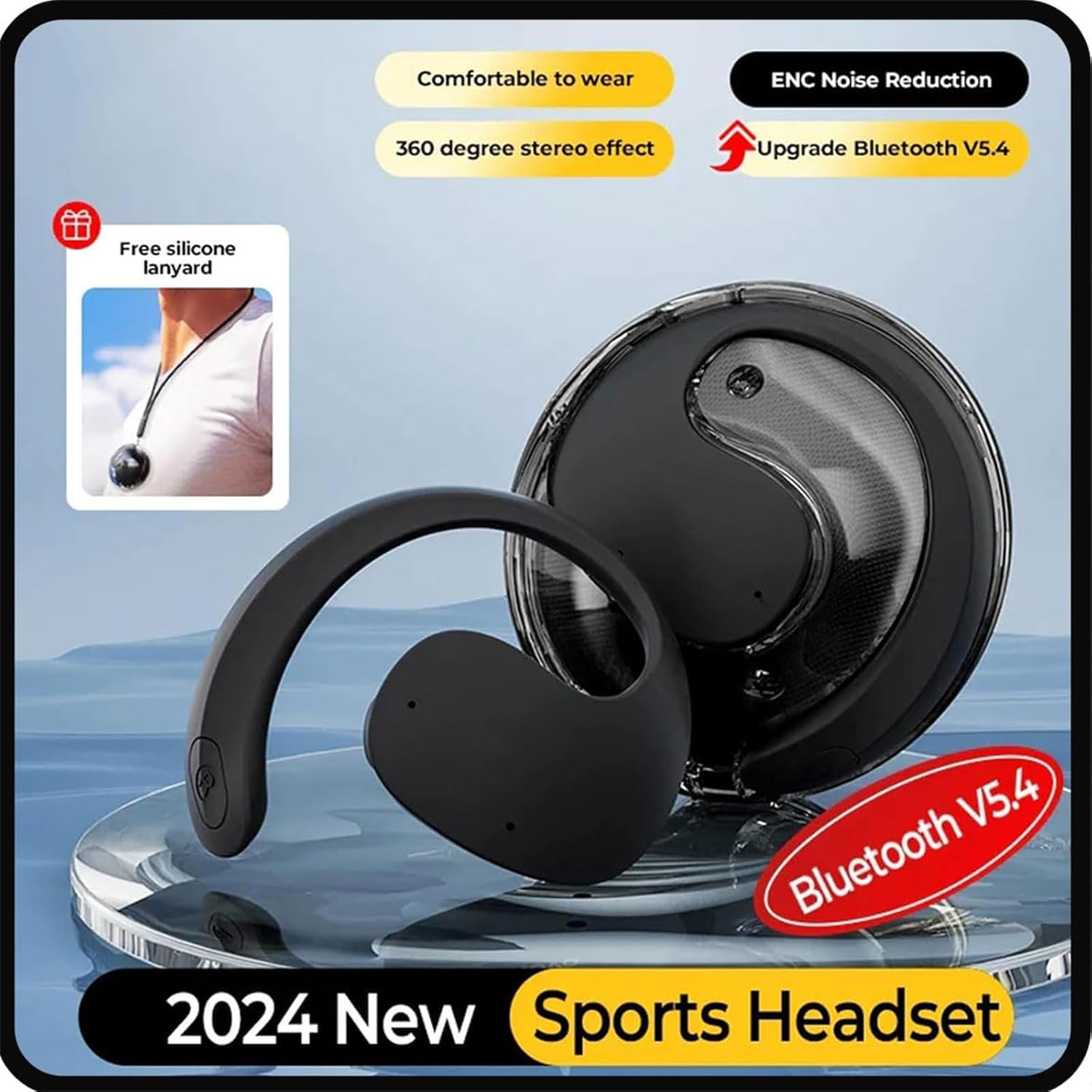 Black sports headset with Bluetooth 5.4 feature on a clear stand against a light blue background.