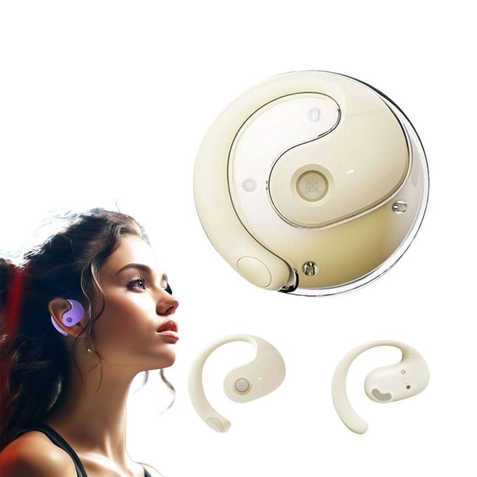 White wireless earbuds with charging case on a white background