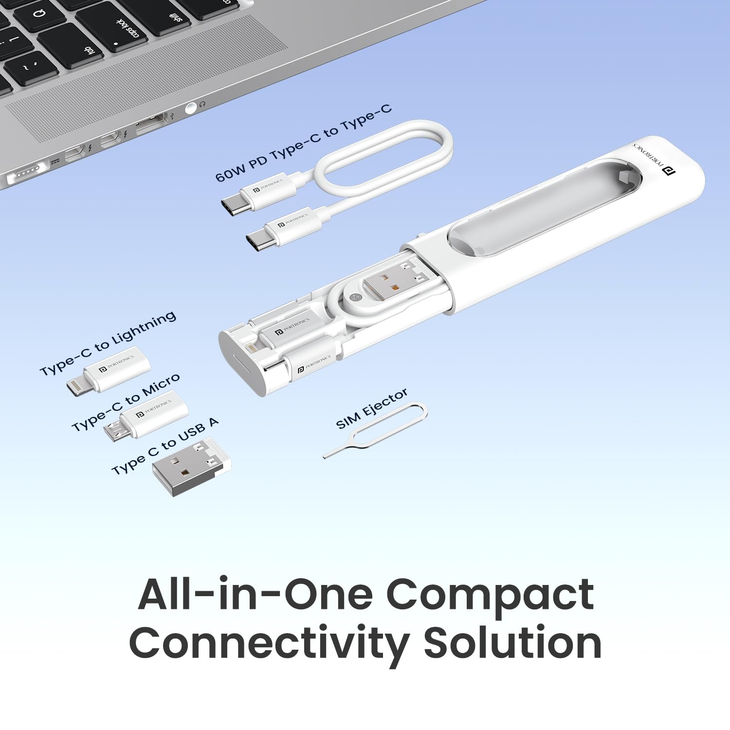 All-in-one compact connectivity solution with multiple USB connectors on a light blue background