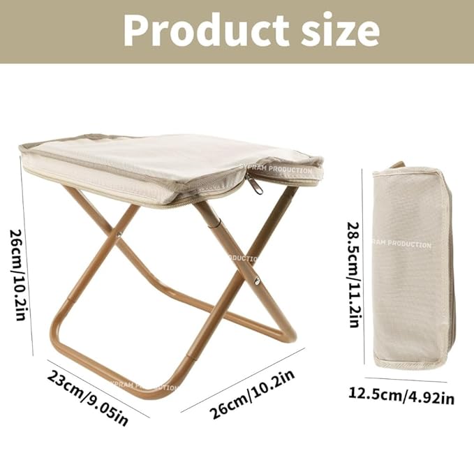 Foldable stool with measurements on a beige background