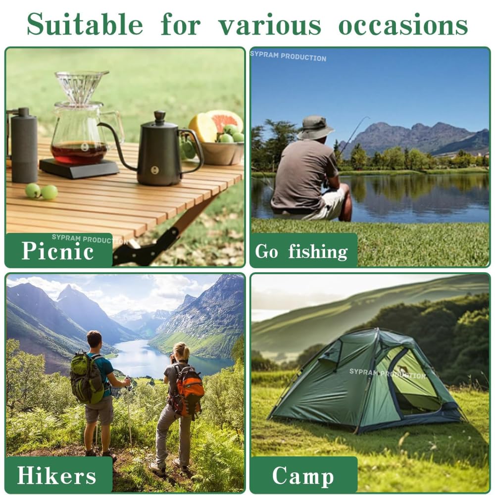 Collage of outdoor activities including picnic, fishing, hiking, and camping with scenic landscapes.