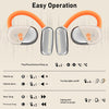 Wireless earbuds with control buttons and operation guide on a beige background