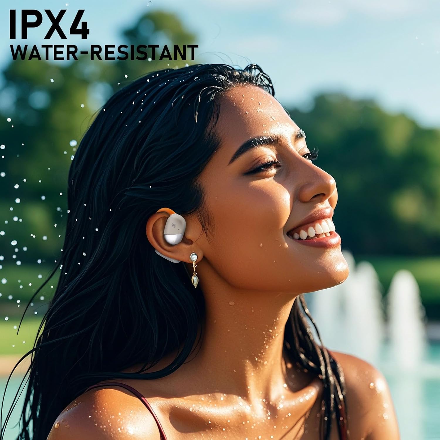 Woman with water on her hair and shoulders, with 'IPX4 WATER-RESISTANT' text.