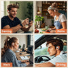 Four scenarios showing people using earbuds: gaming, home, work, and driving.