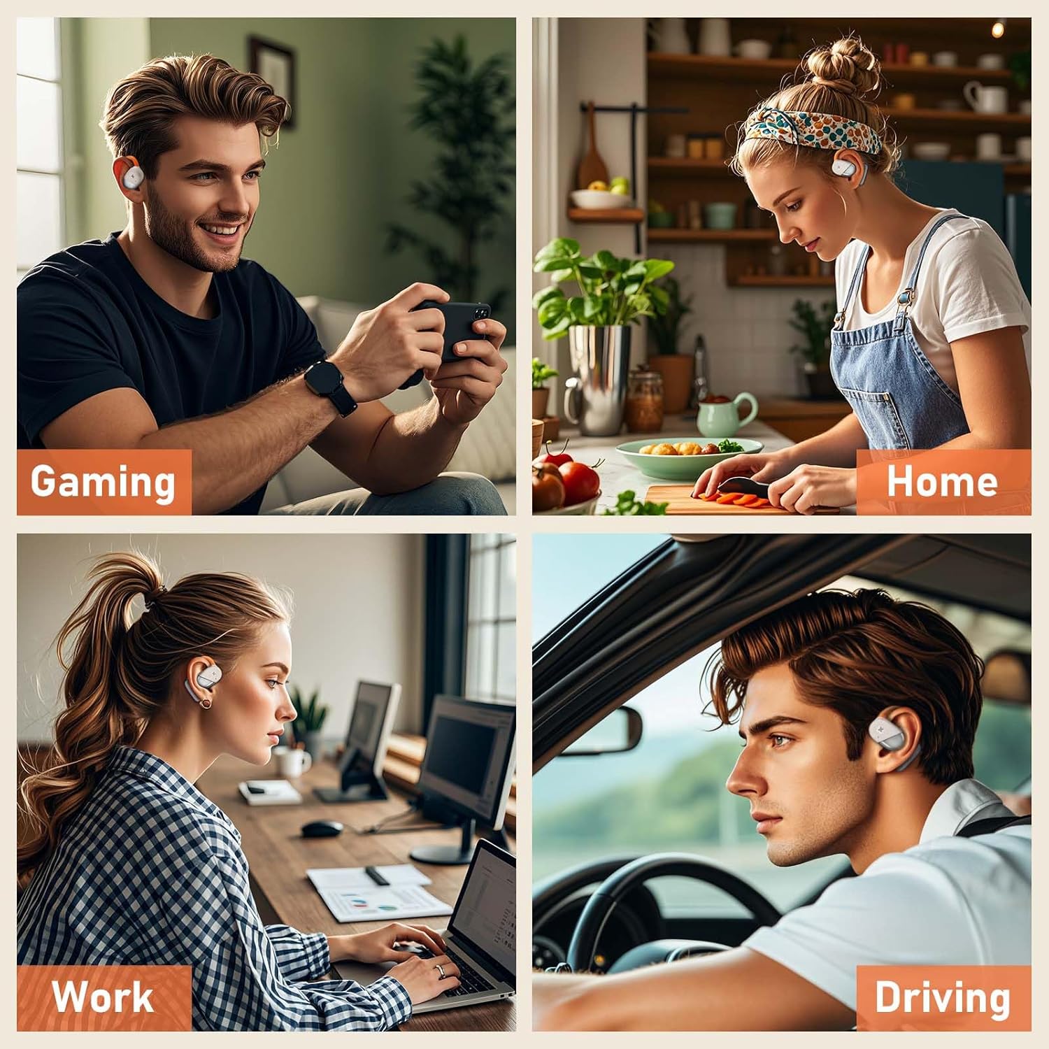 Four scenarios showing people using earbuds: gaming, home, work, and driving.
