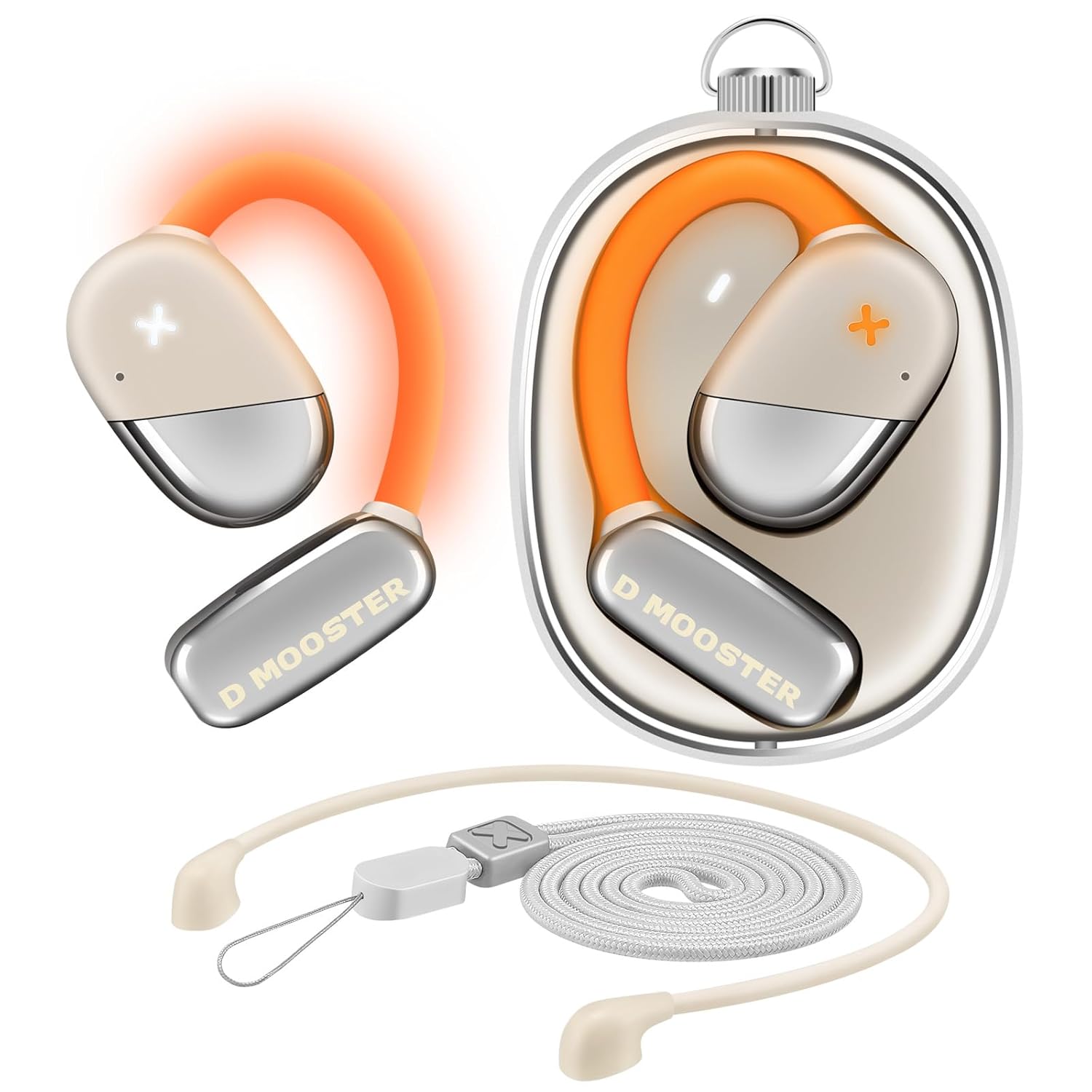 D-Mooster earbud with charging case and cable on a white background