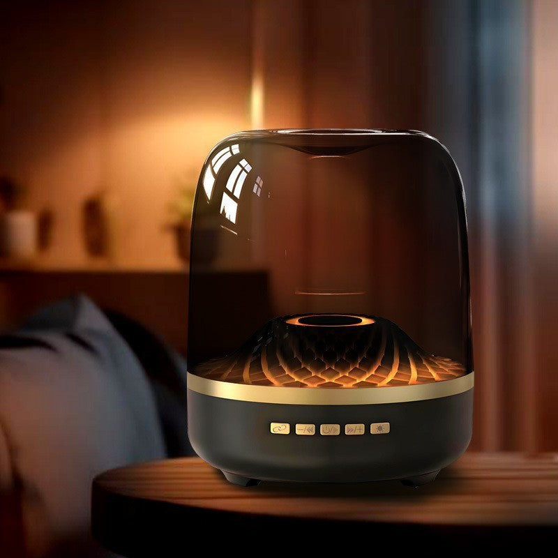 Modern humidifier on a wooden surface with a warm glow in a softly blurred room.