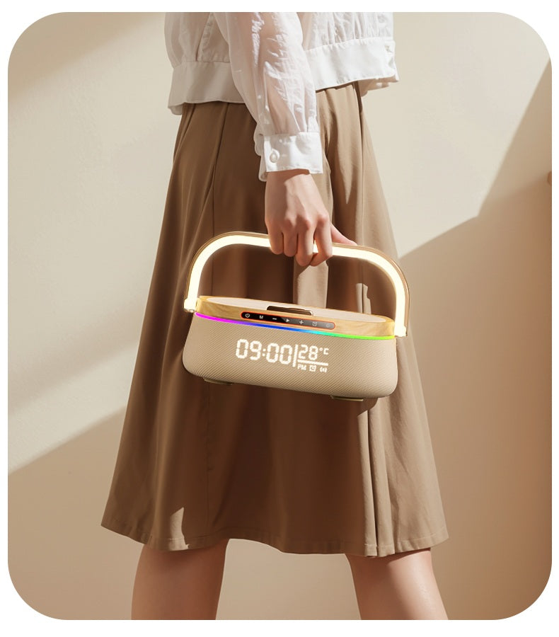 Person holding a beige digital clock with colorful display against a plain background