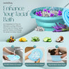 Collapsible ice bath with ice cubes, flowers, and step-by-step usage instructions on a light blue background.