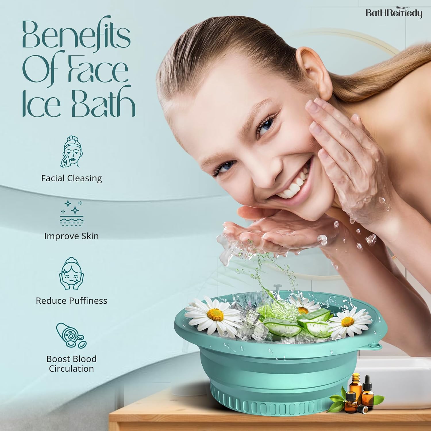 Girl with ice bath and text on benefits of face ice bath