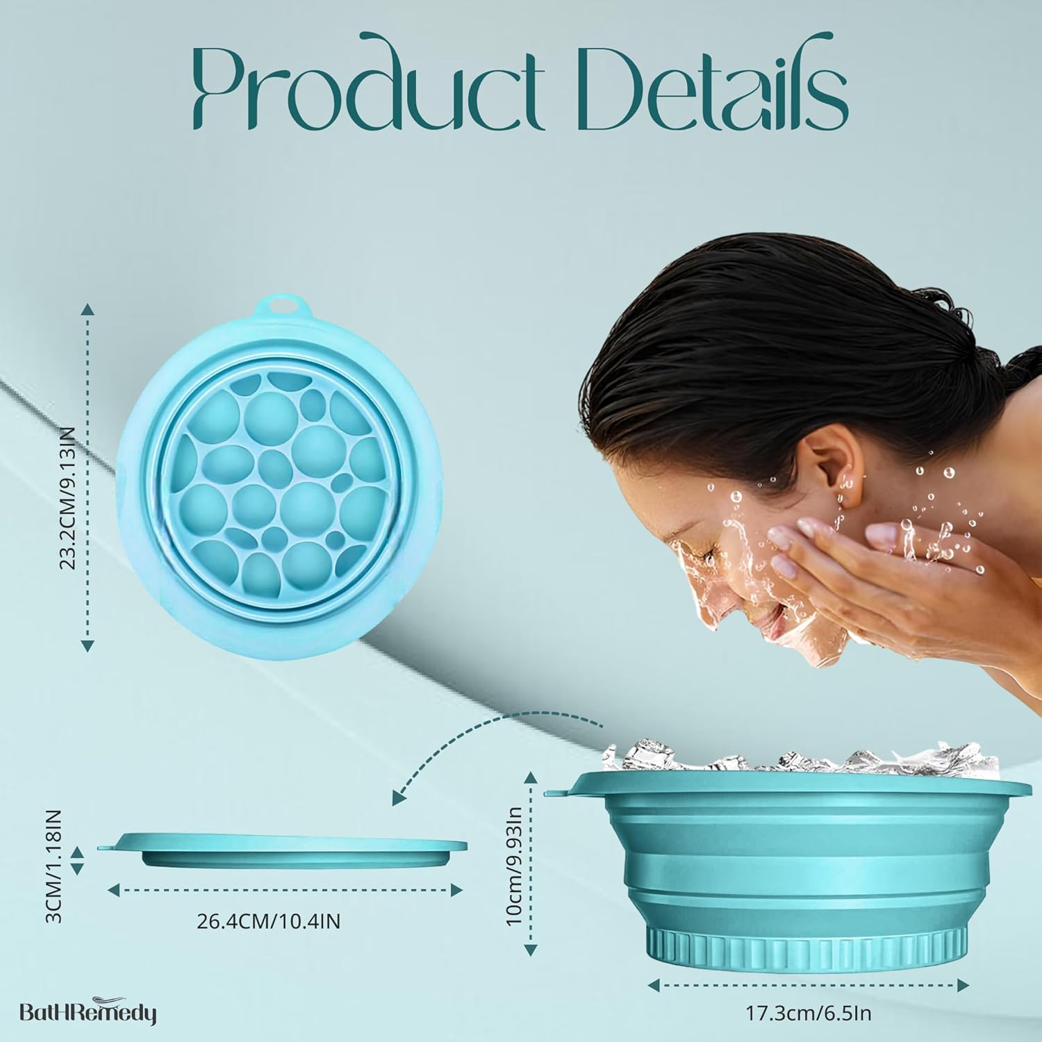 Collapsible blue洗脸盆 with a woman using it and product details on a light blue background