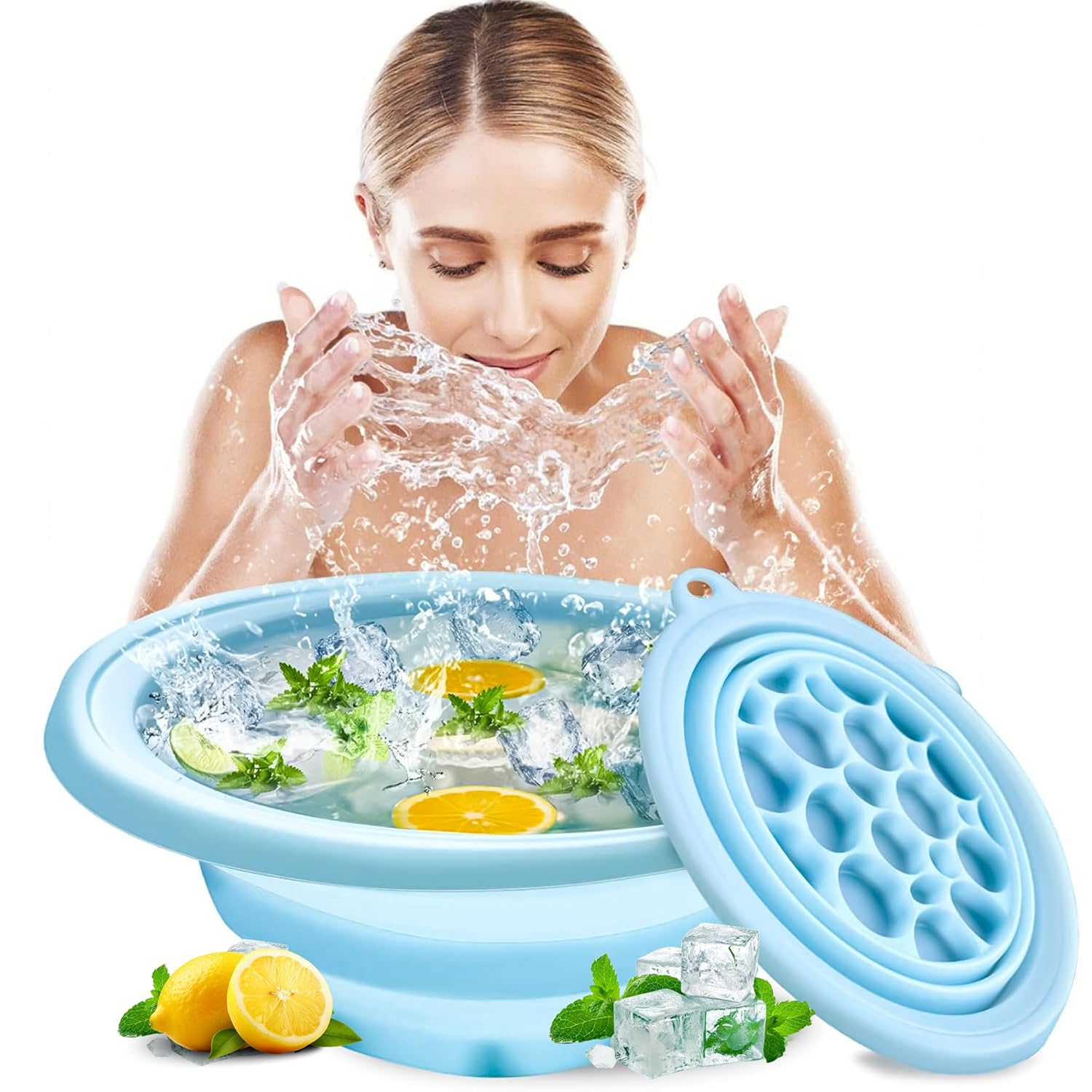 Woman using a portable bathtub with lemons, ice cubes, and herbs on a white background