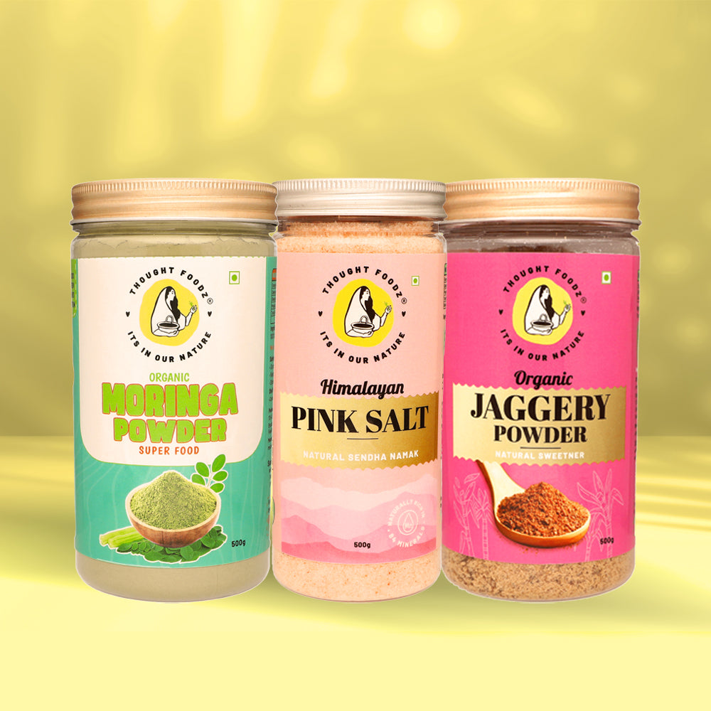 Superfoods Essentials Pack – Daily Wellness Combo of Himalayan Pink Salt, Organic Moringa Powder & Organic Jaggery Powder