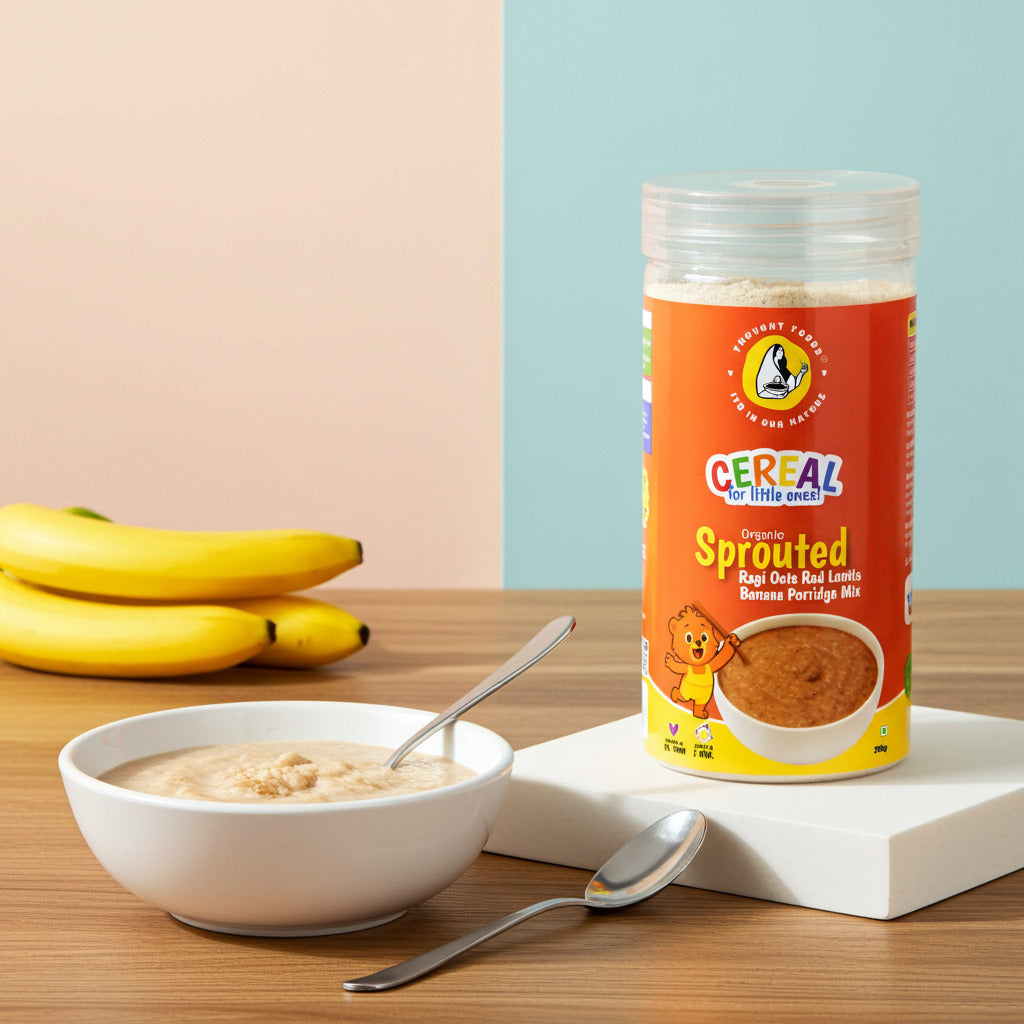 Cereal jar with a bowl of cereal and bananas on a wooden table