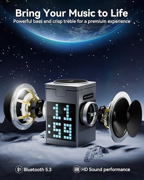 Speaker with digital display against a space-themed background, emphasizing music and sound quality.