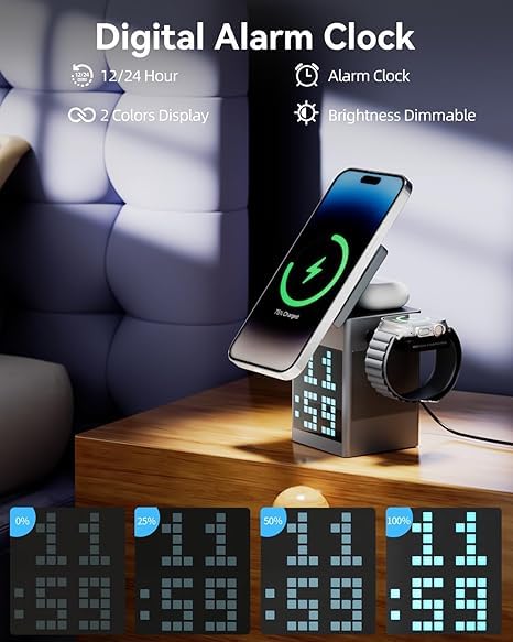 Digital alarm clock with smartphone stand and watch holder on a wooden surface.